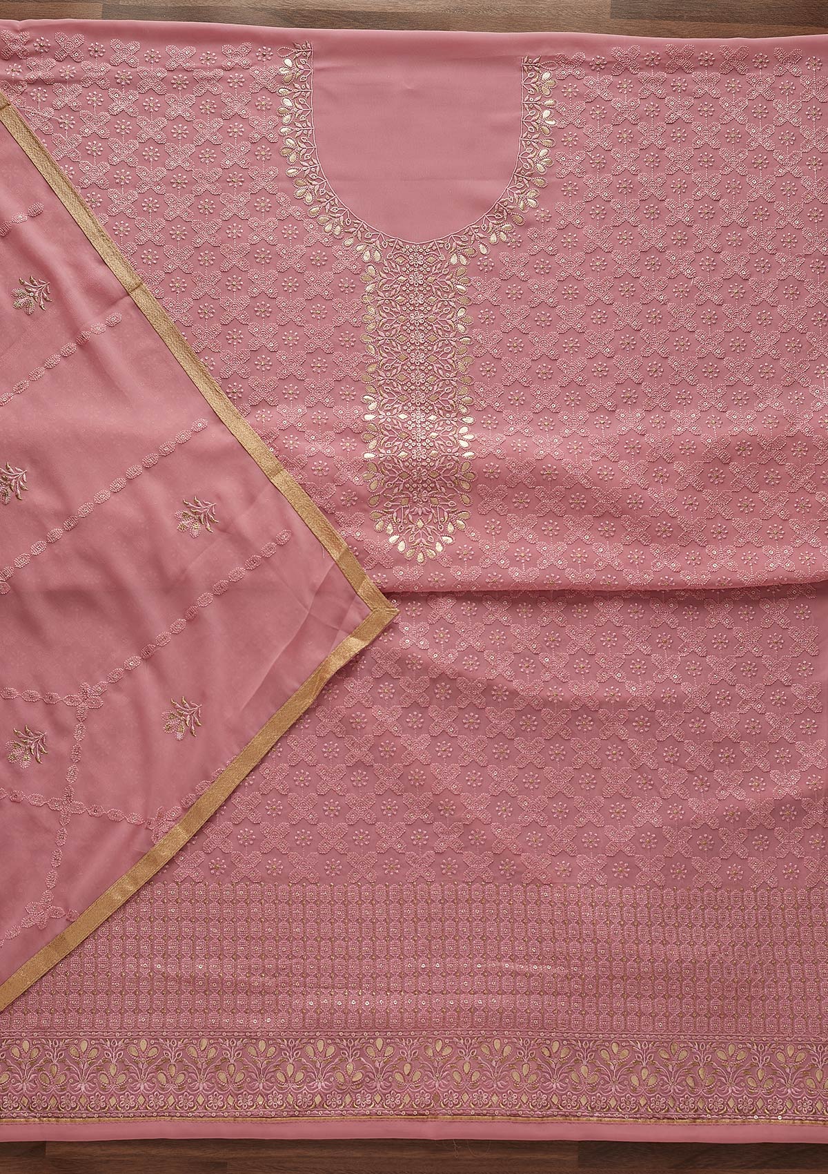 Pink Zariwork Georgette Designer Unstitched Salwar Suit - Koskii