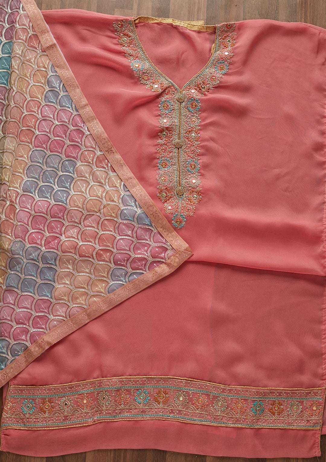 Pink Zariwork Georgette Designer Unstitched Salwar Suit - Koskii