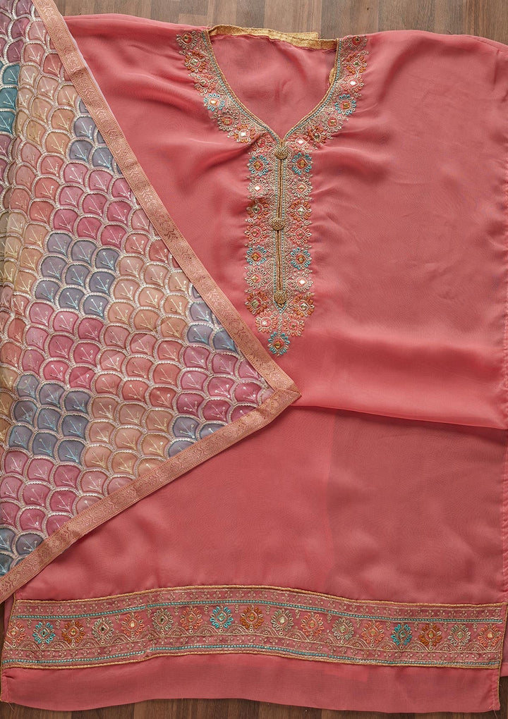 Pink Zariwork Georgette Designer Unstitched Salwar Suit - Koskii