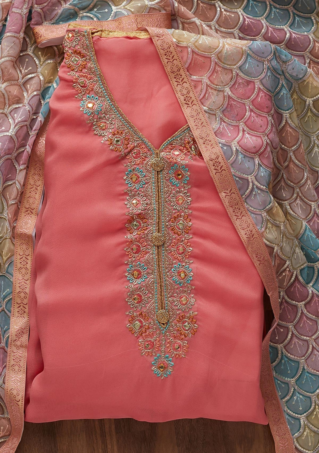 Pink Zariwork Georgette Designer Unstitched Salwar Suit - Koskii