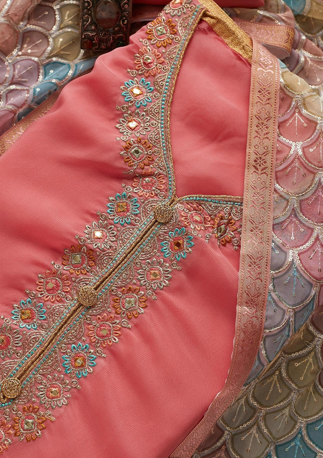 Pink Zariwork Georgette Designer Unstitched Salwar Suit - Koskii