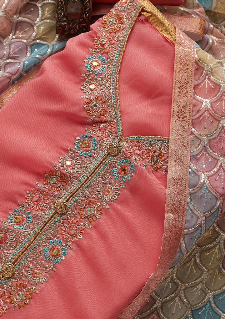 Pink Zariwork Georgette Designer Unstitched Salwar Suit - Koskii