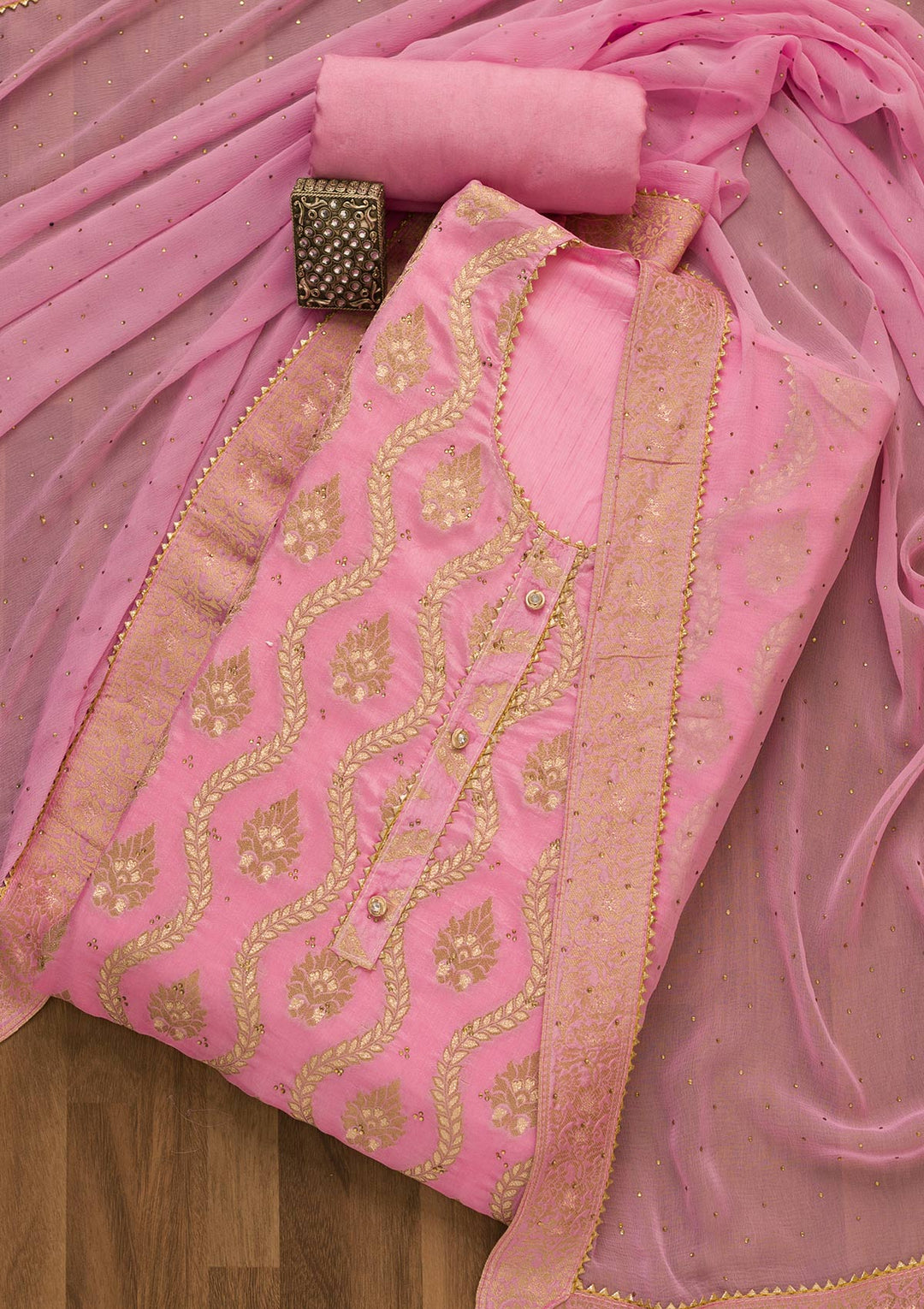 Pink Zari Work Georgette Unstitched Salwar Kameez-Koskii