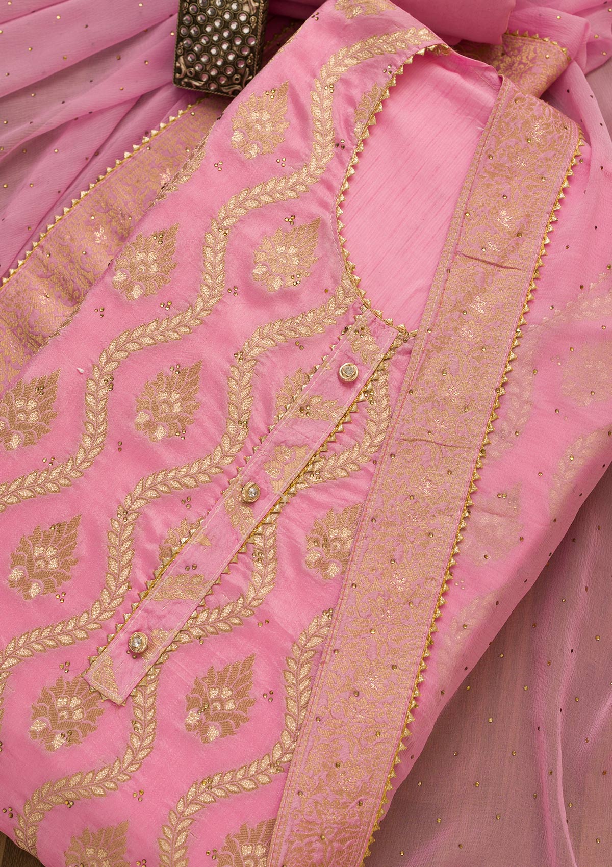 Pink Zari Work Georgette Unstitched Salwar Kameez-Koskii