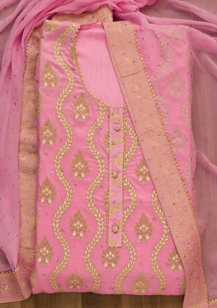 Pink Zari Work Georgette Unstitched Salwar Kameez-Koskii
