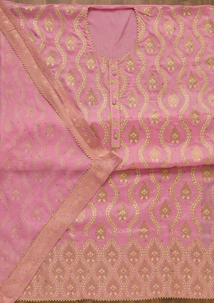 Pink Zari Work Georgette Unstitched Salwar Kameez-Koskii