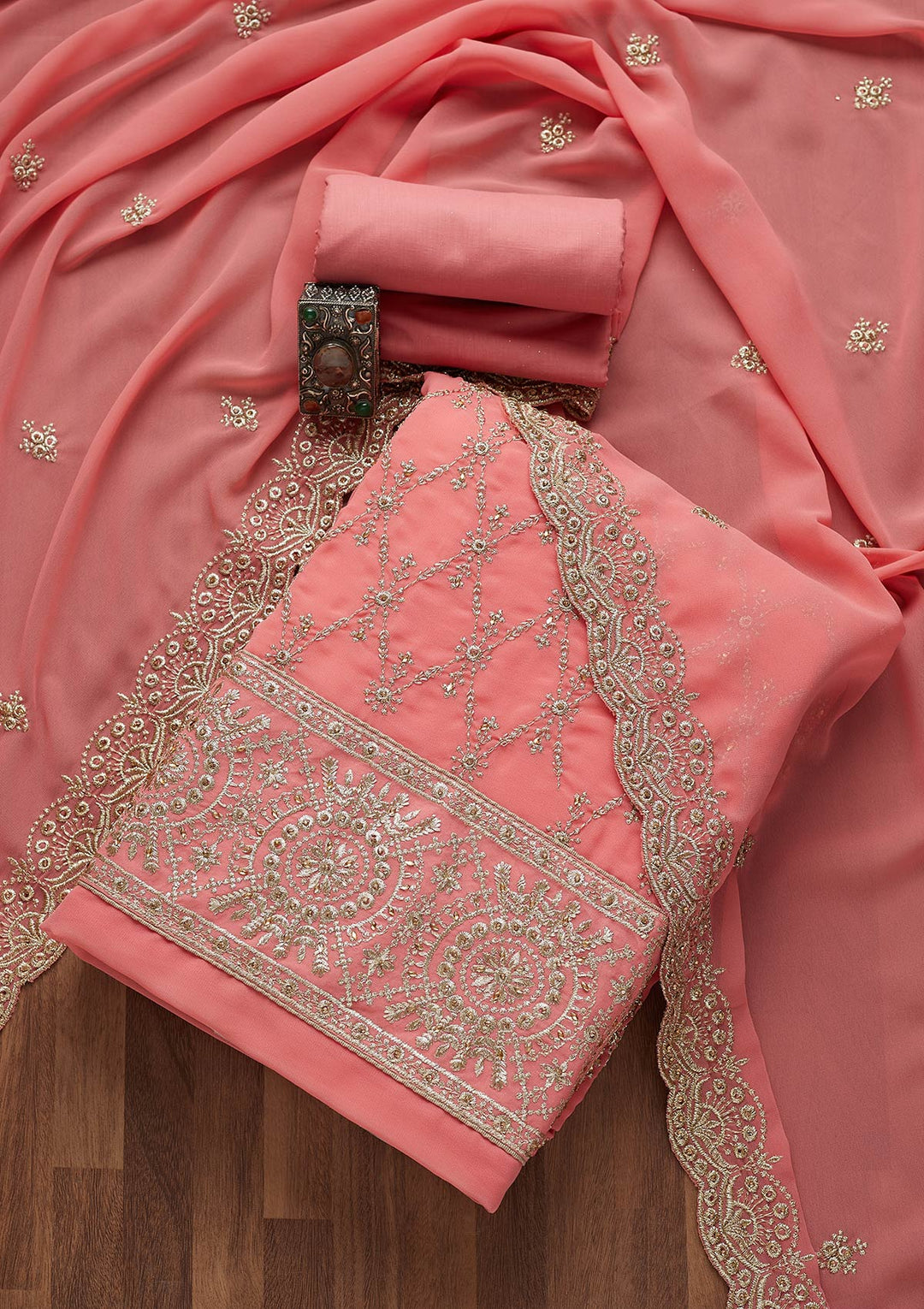 Pink Zariwork Georgette Unstitched Salwar Suit-Koskii