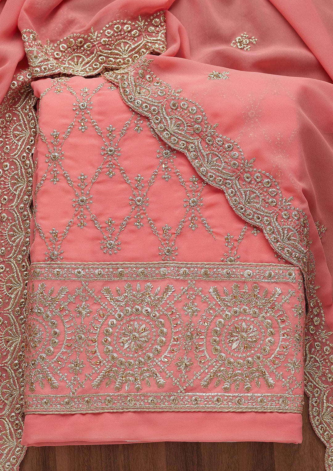Pink Zariwork Georgette Unstitched Salwar Suit-Koskii