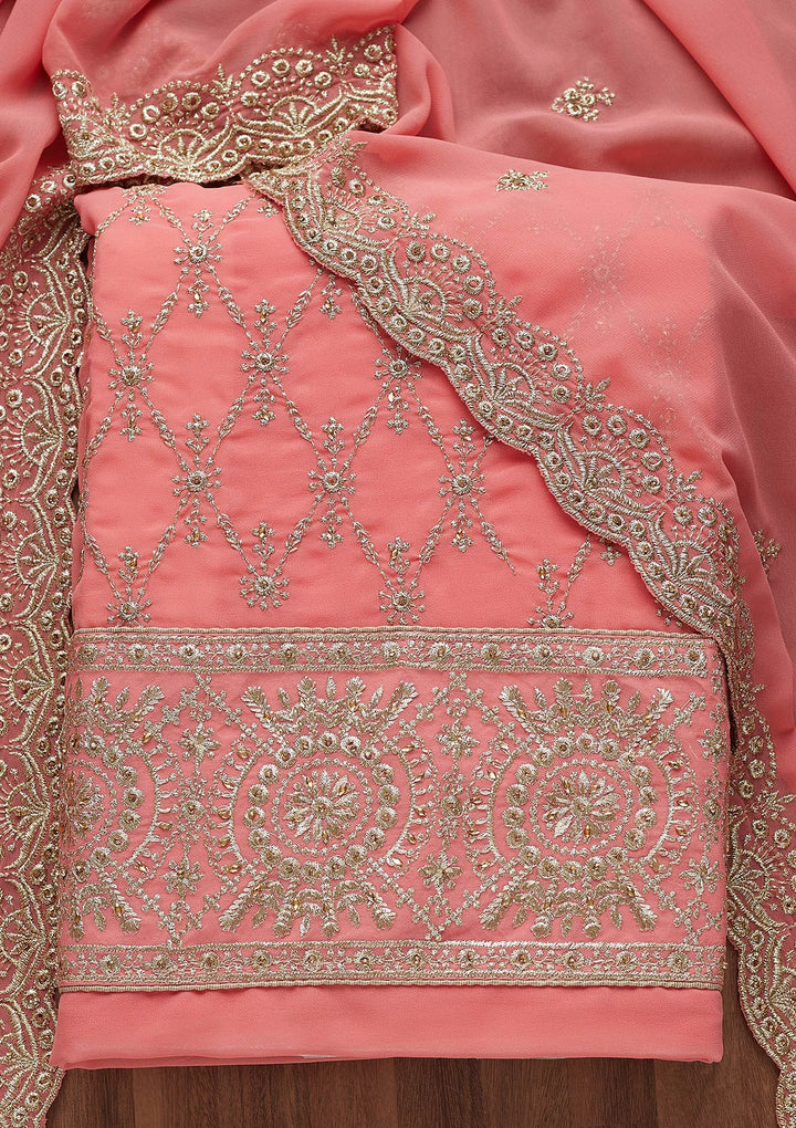 Pink Zariwork Georgette Unstitched Salwar Suit-Koskii