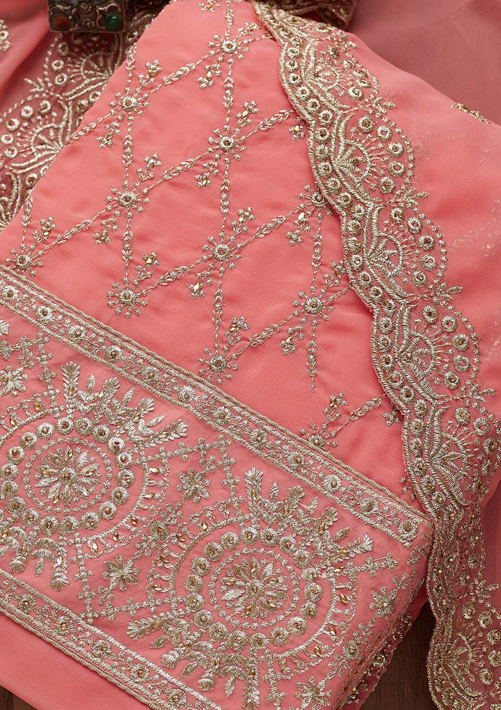 Pink Zariwork Georgette Unstitched Salwar Suit-Koskii
