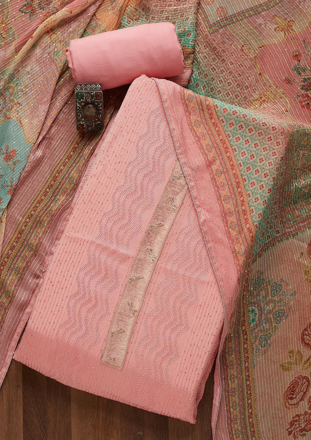 Pink Zariwork Georgette Unstitched Salwar Suit-Koskii