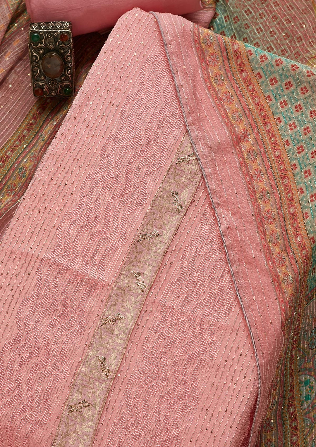 Pink Zariwork Georgette Unstitched Salwar Suit-Koskii