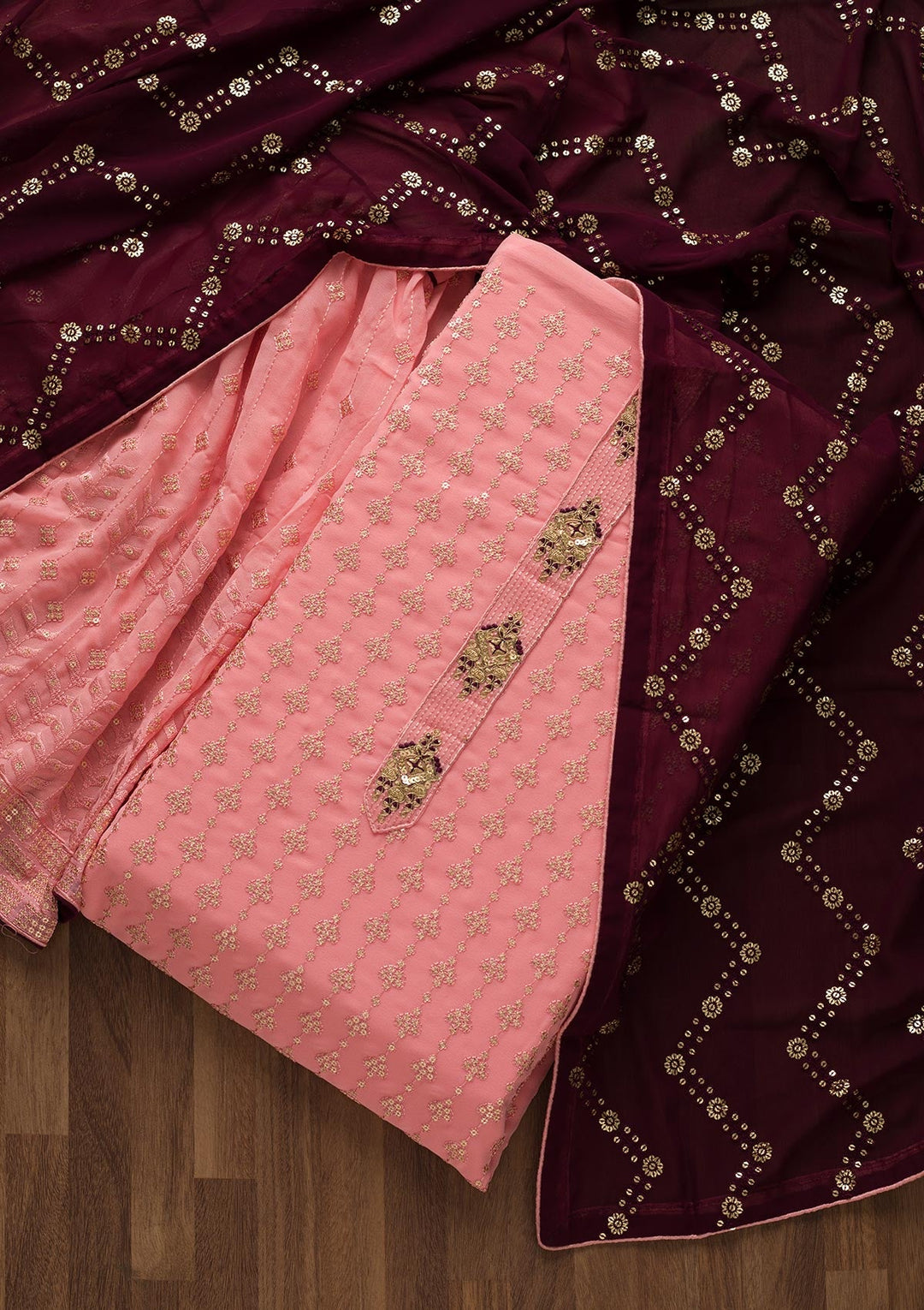 Pink Zariwork Georgette Unstitched Salwar Suit-Koskii