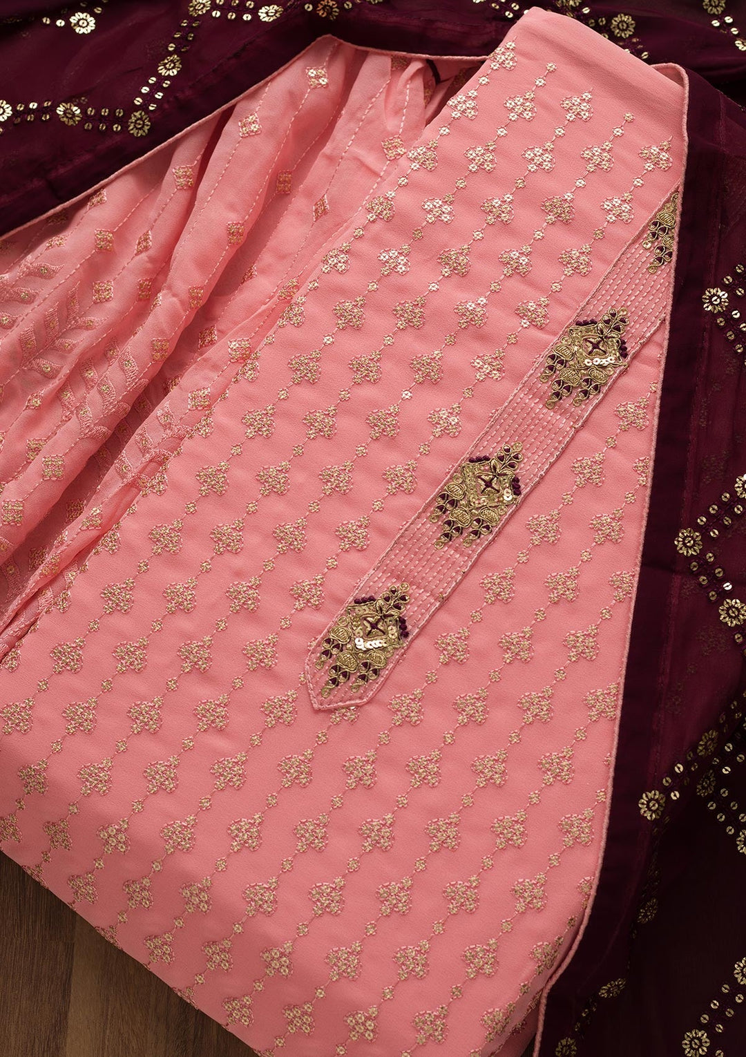Pink Zariwork Georgette Unstitched Salwar Suit-Koskii