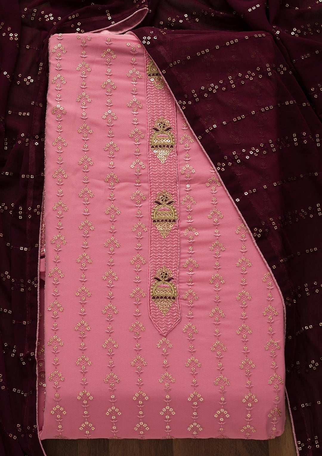 Pink Zariwork Georgette Unstitched Salwar Suit-Koskii