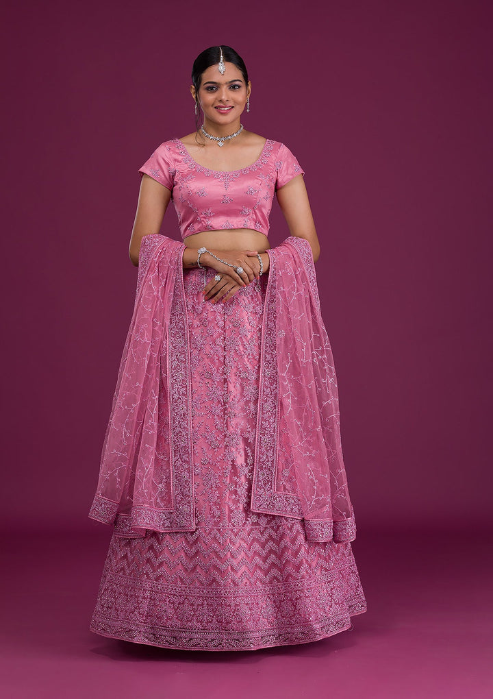 Pink Zariwork Net Semi Stitched Lehenga-Koskii