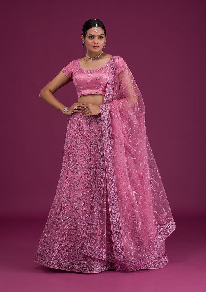 Pink Zariwork Net Semi Stitched Lehenga-Koskii