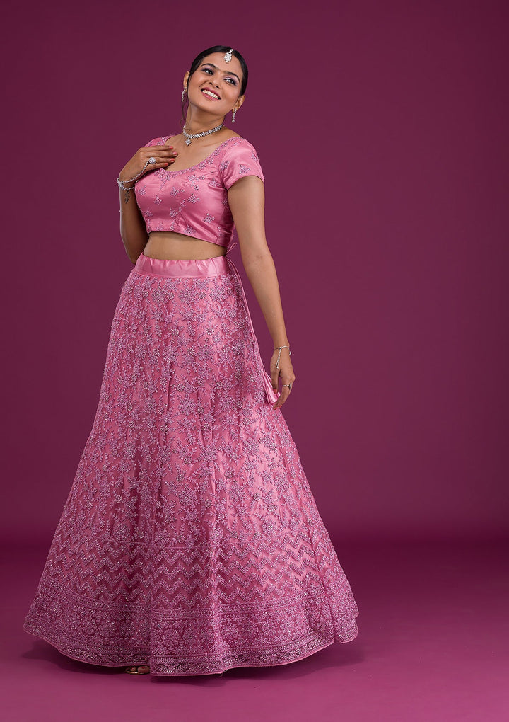 Pink Zariwork Net Semi Stitched Lehenga-Koskii