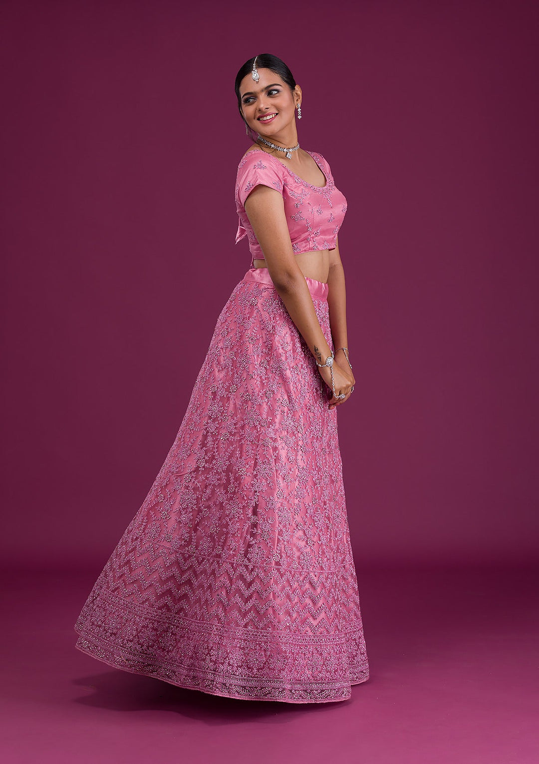 Pink Zariwork Net Semi Stitched Lehenga-Koskii