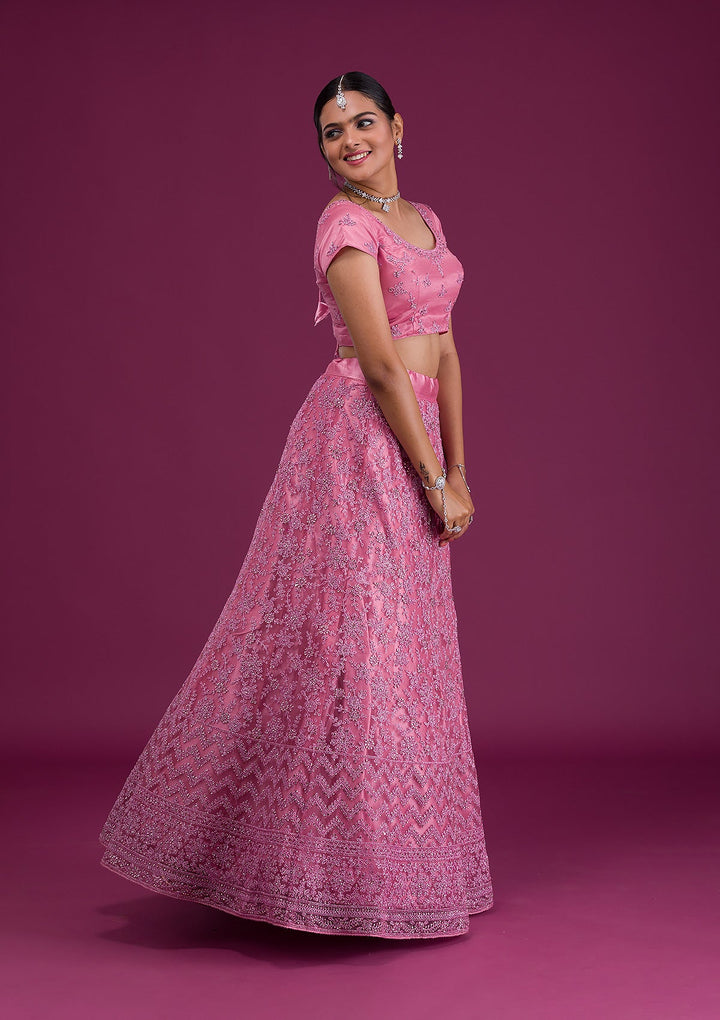 Pink Zariwork Net Semi Stitched Lehenga-Koskii