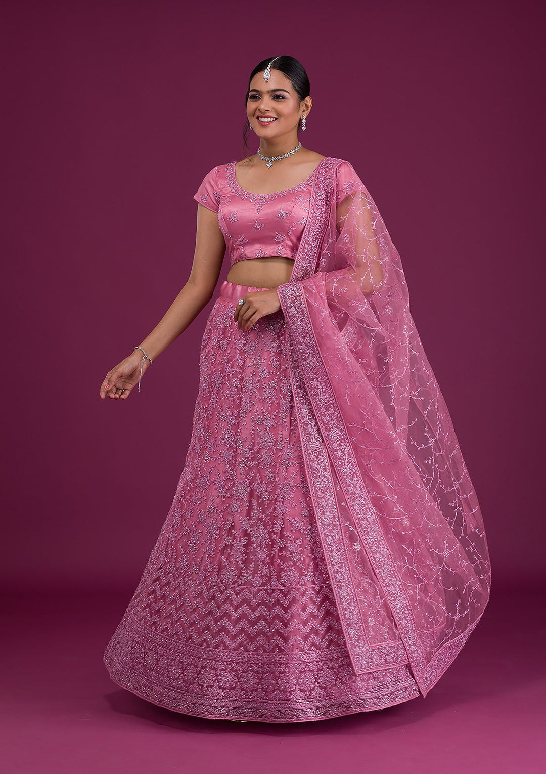 Pink Zariwork Net Semi Stitched Lehenga-Koskii