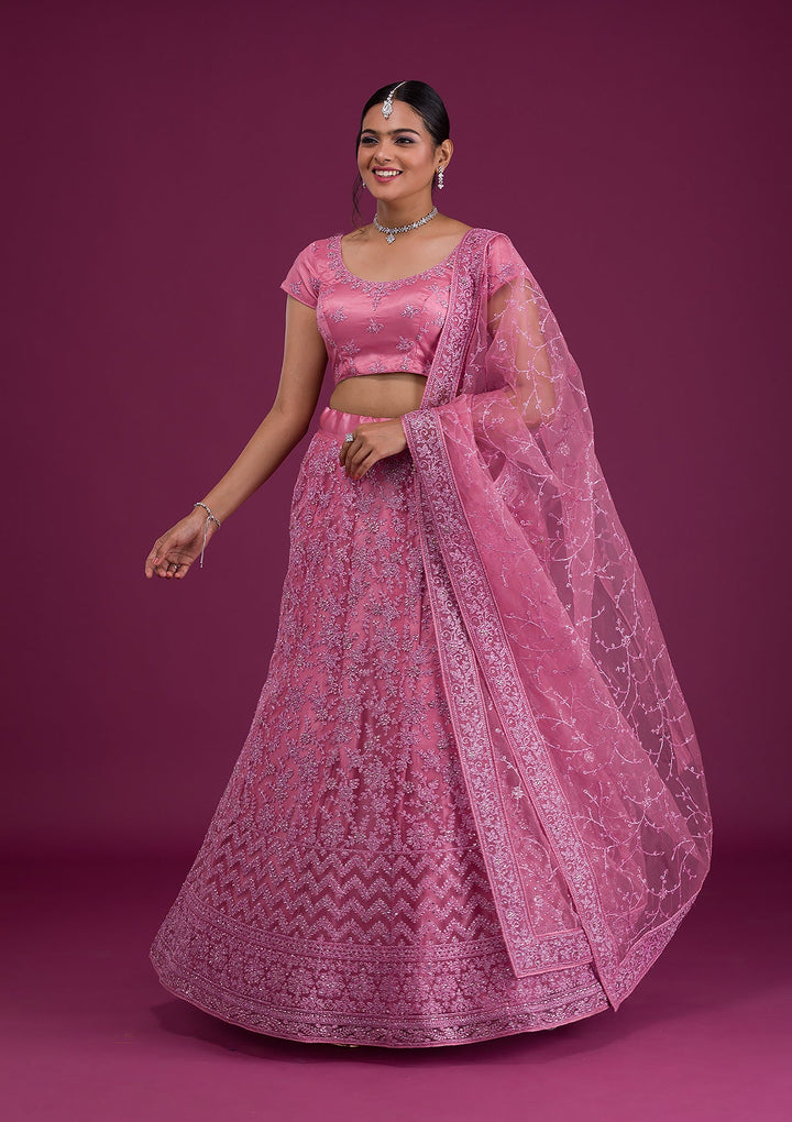 Pink Zariwork Net Semi Stitched Lehenga-Koskii