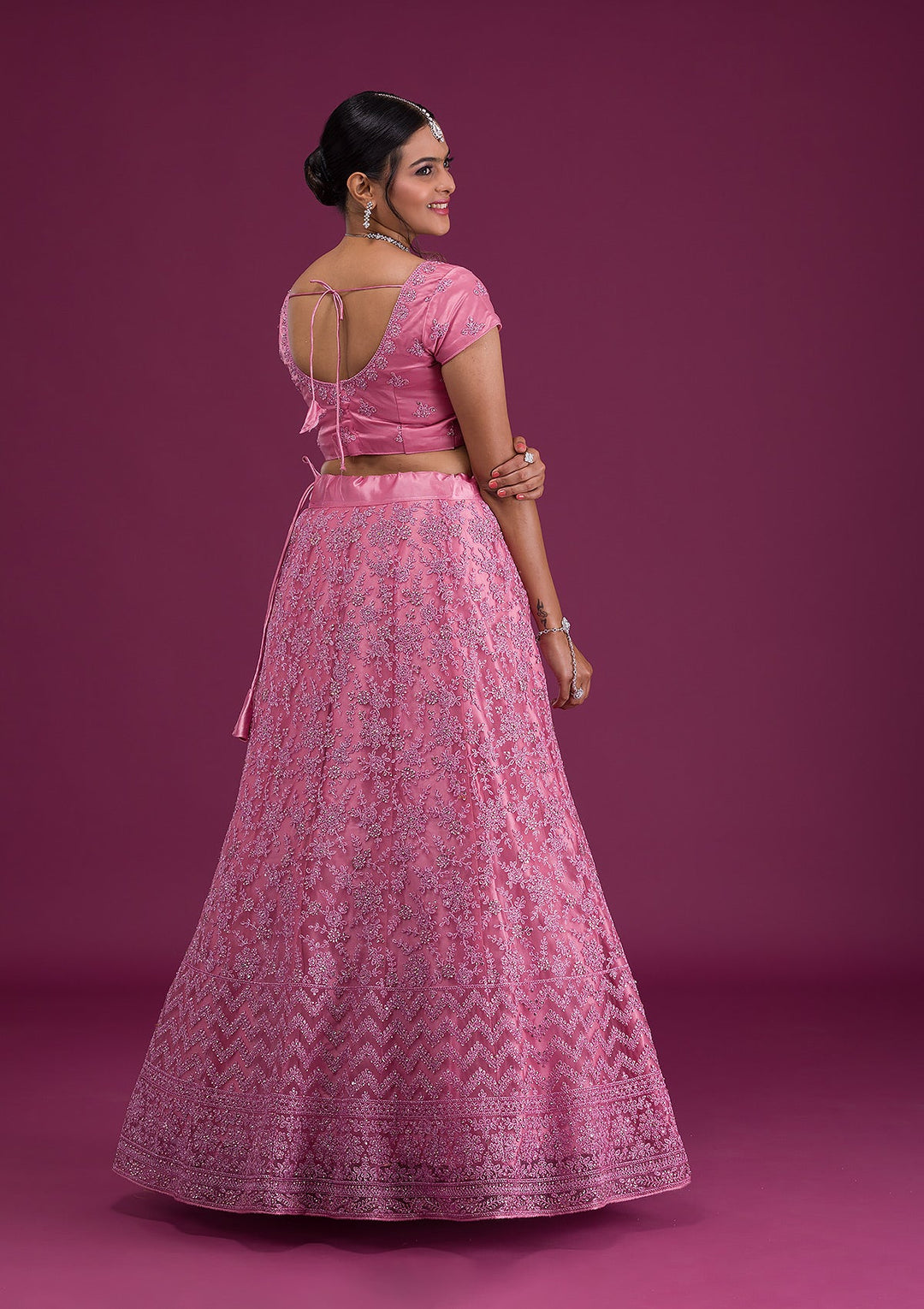 Pink Zariwork Net Semi Stitched Lehenga-Koskii