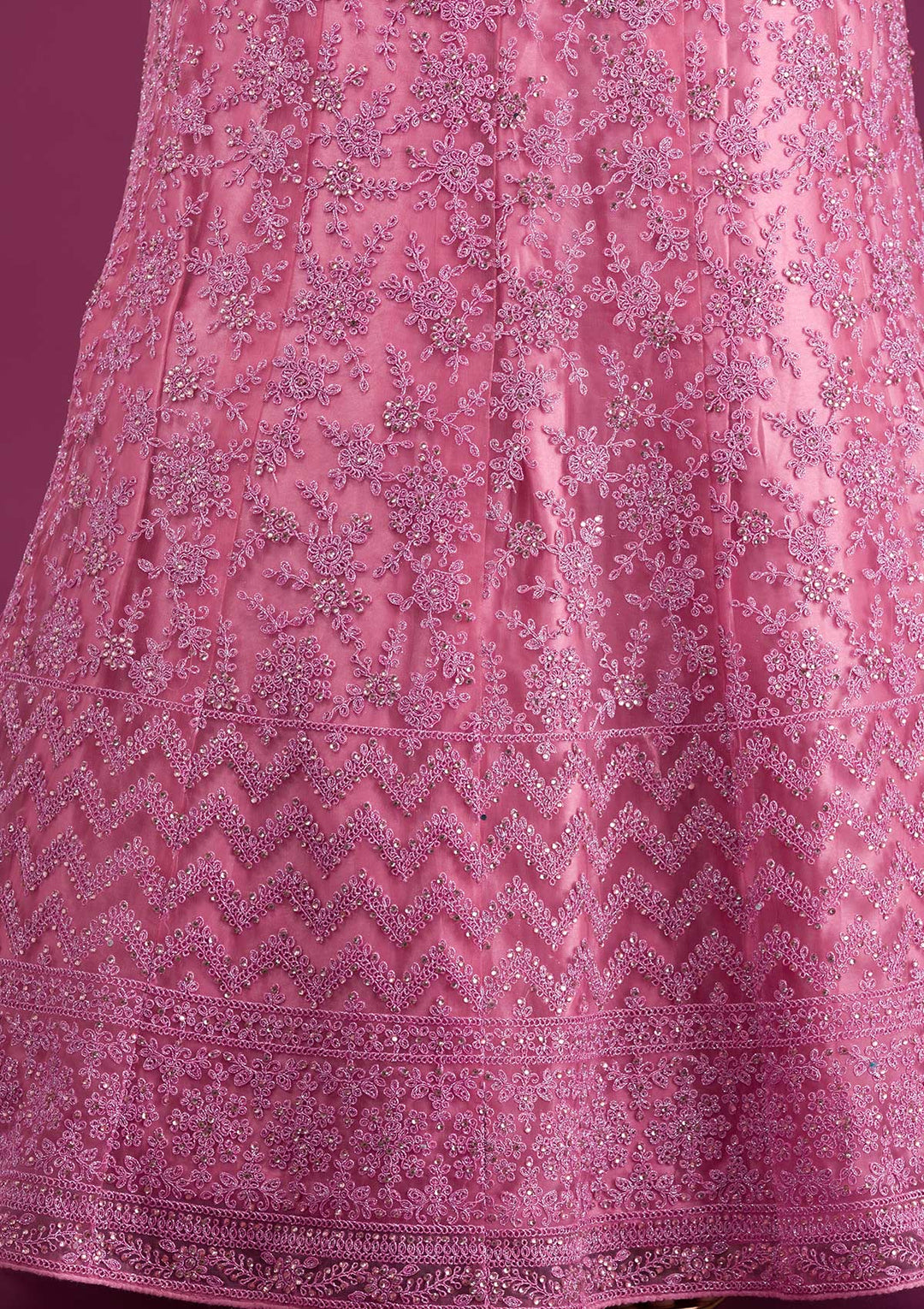 Pink Zariwork Net Semi Stitched Lehenga-Koskii