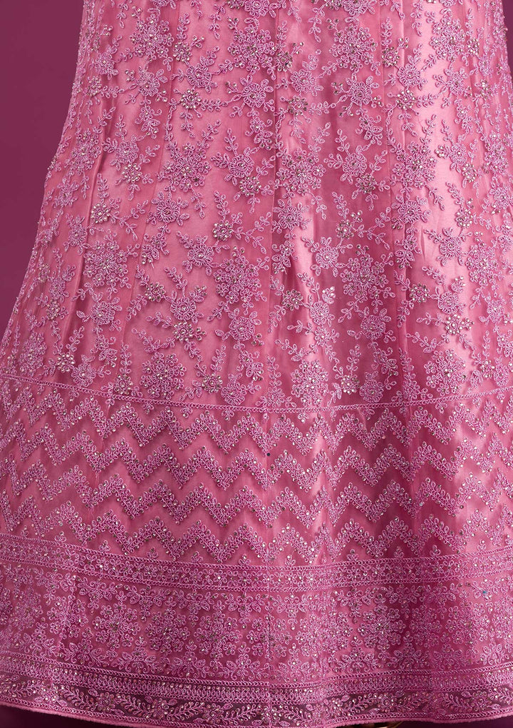 Pink Zariwork Net Semi Stitched Lehenga-Koskii