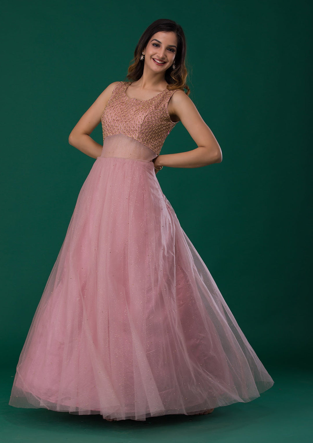 Pink Zariwork Net Designer Gown-Koskii