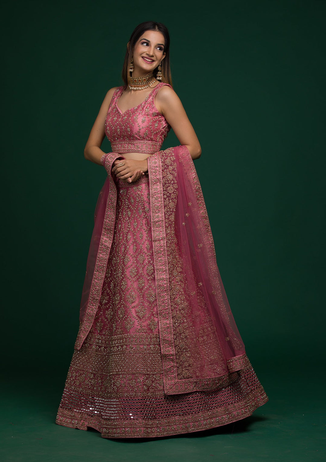 Pink Zariwork Net Lehenga-koskii