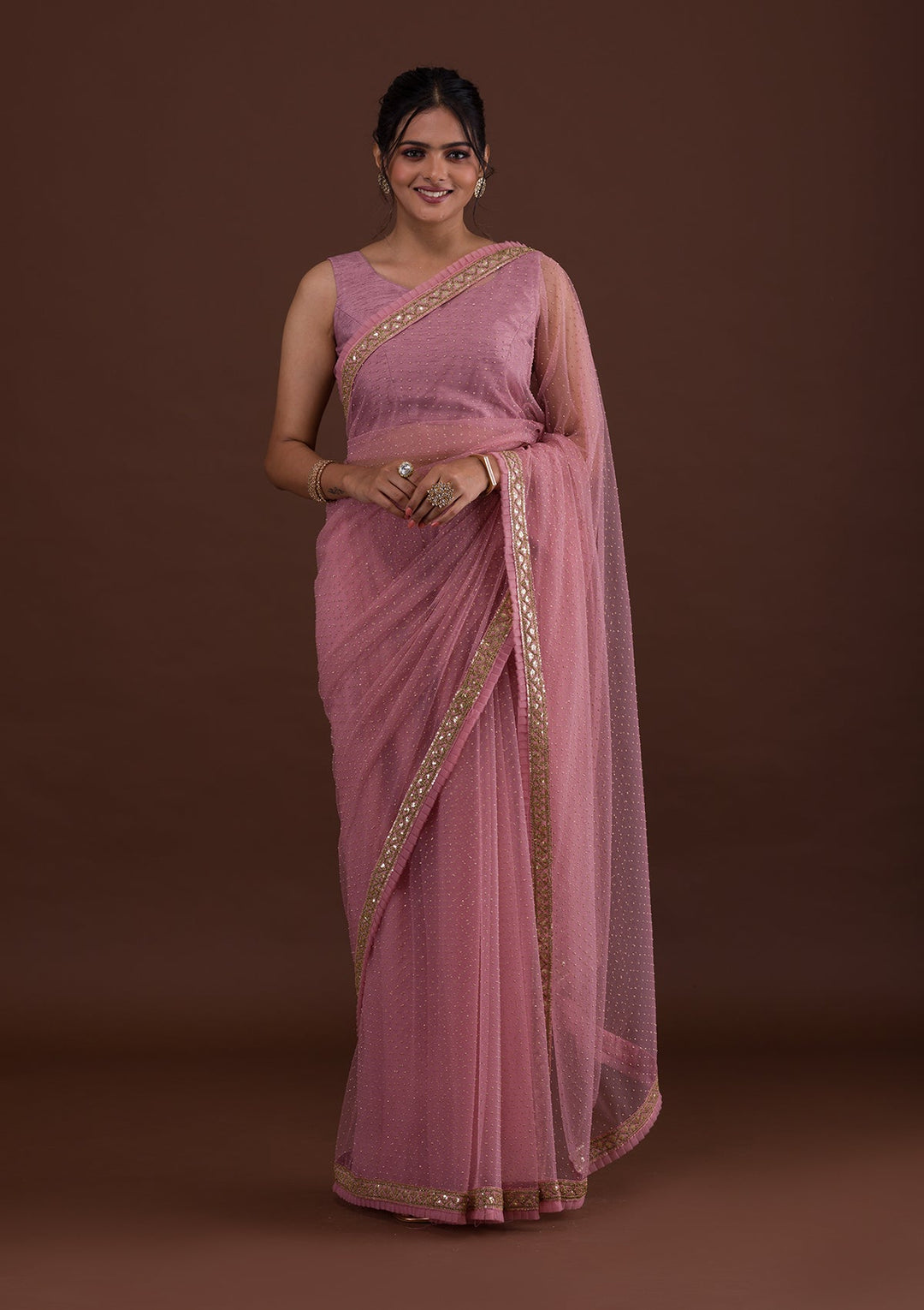 Pink Zariwork Net Saree-Koskii