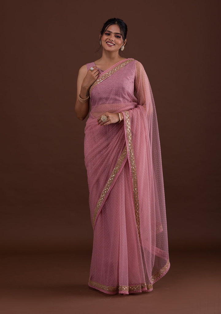 Pink Zariwork Net Saree-Koskii