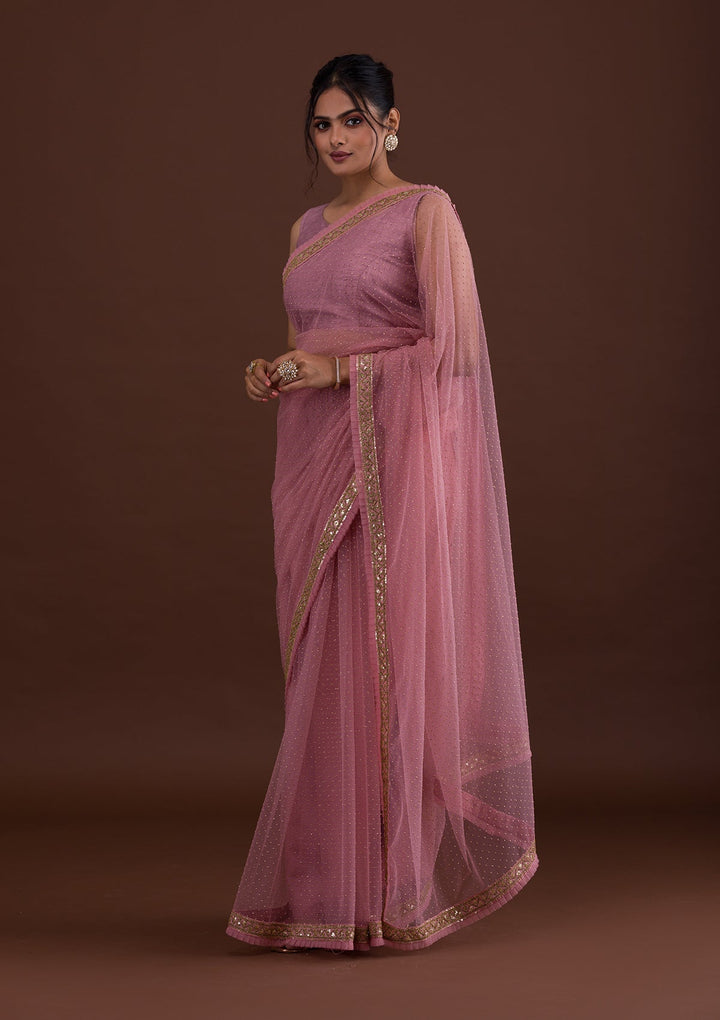 Pink Zariwork Net Saree-Koskii
