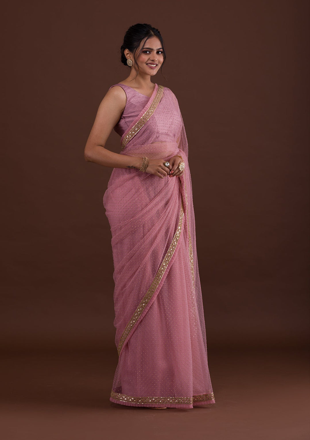 Pink Zariwork Net Saree-Koskii