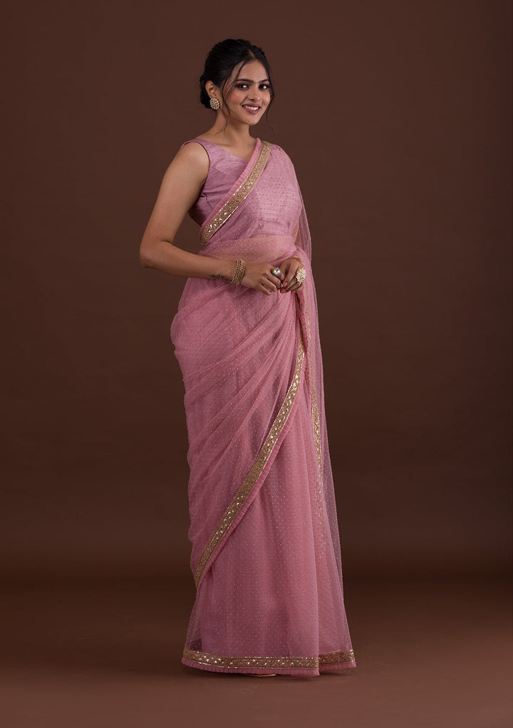 Pink Zariwork Net Saree-Koskii