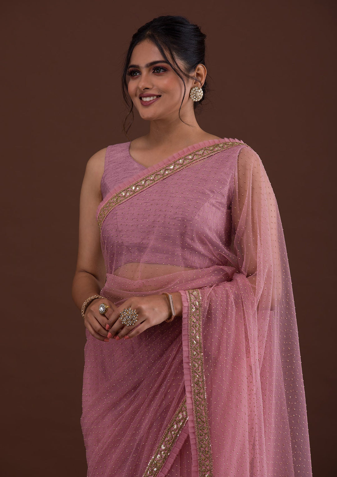 Pink Zariwork Net Saree-Koskii