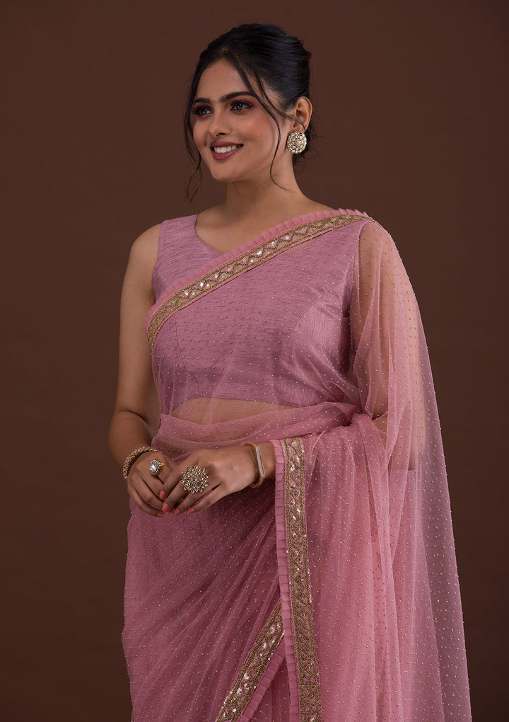 Pink Zariwork Net Saree-Koskii