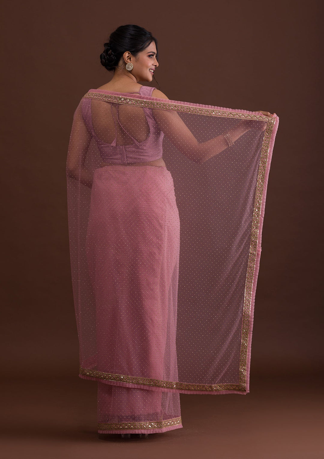 Pink Zariwork Net Saree-Koskii