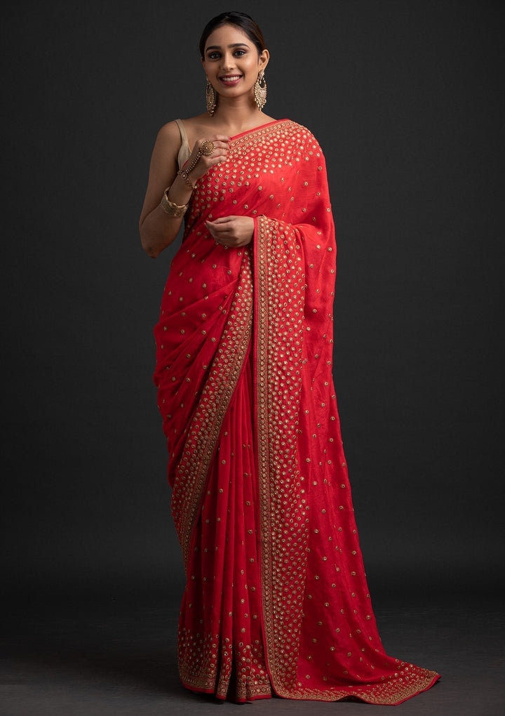 Pink Zariwork Raw Silk Designer Saree - koskii