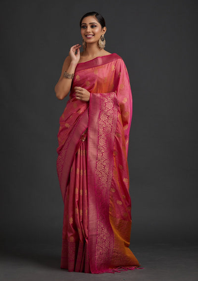 Pink Zariwork Raw Silk Designer Saree - koskii