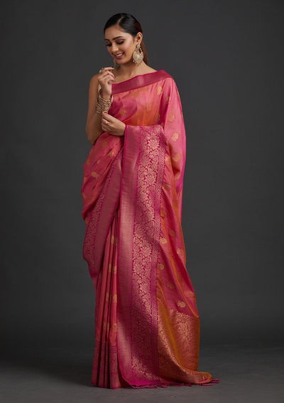 Pink Zariwork Raw Silk Designer Saree - koskii