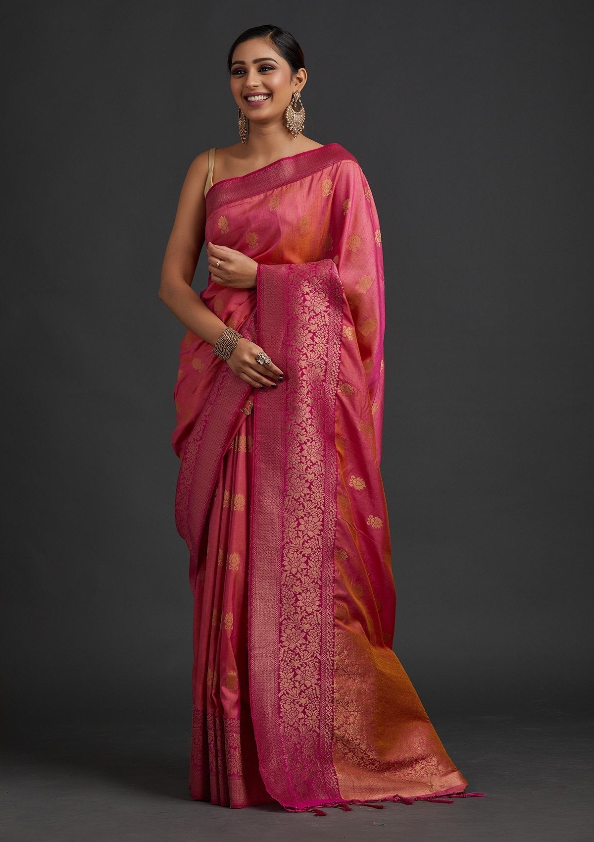 Pink Zariwork Raw Silk Designer Saree - koskii