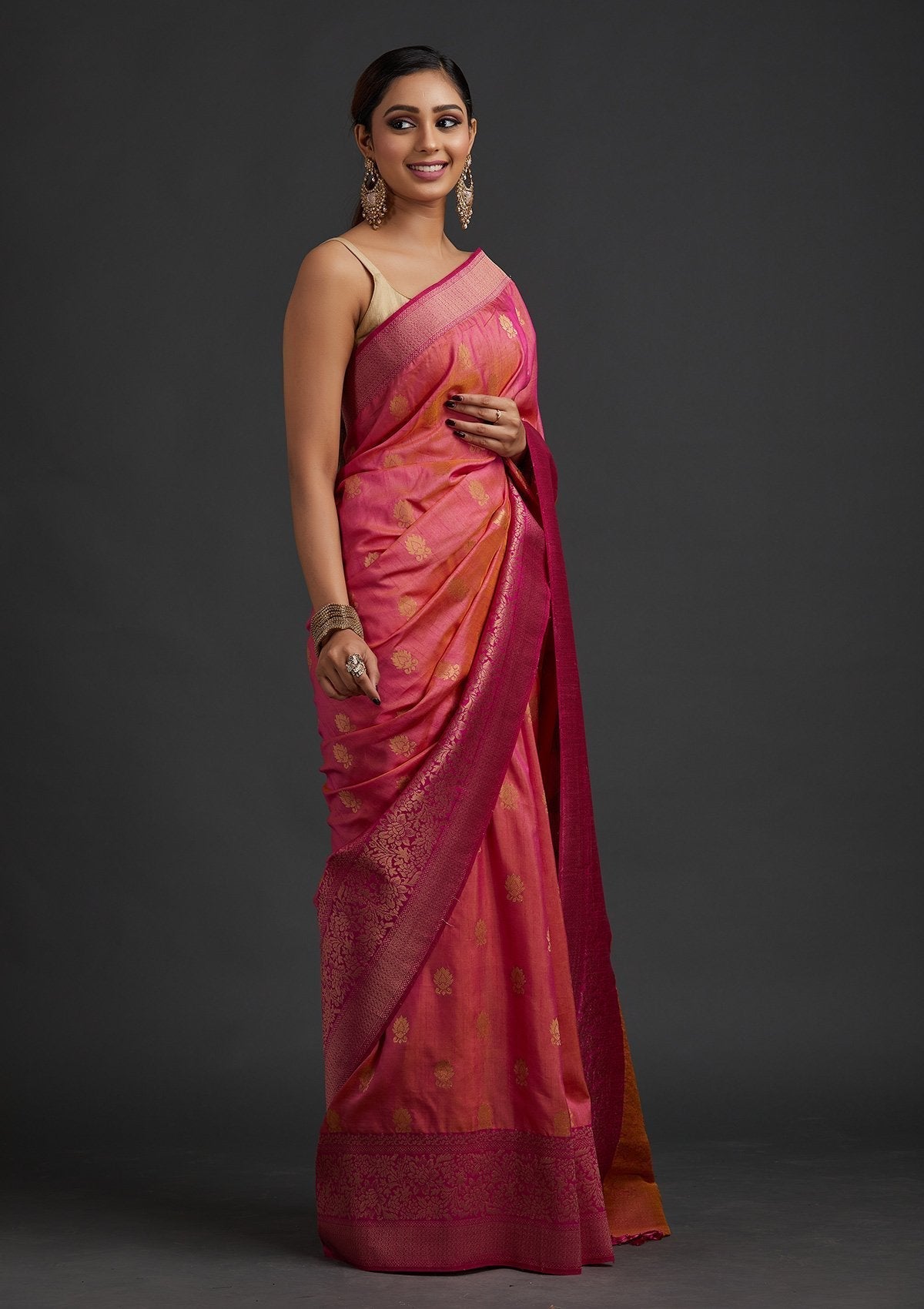 Pink Zariwork Raw Silk Designer Saree - koskii