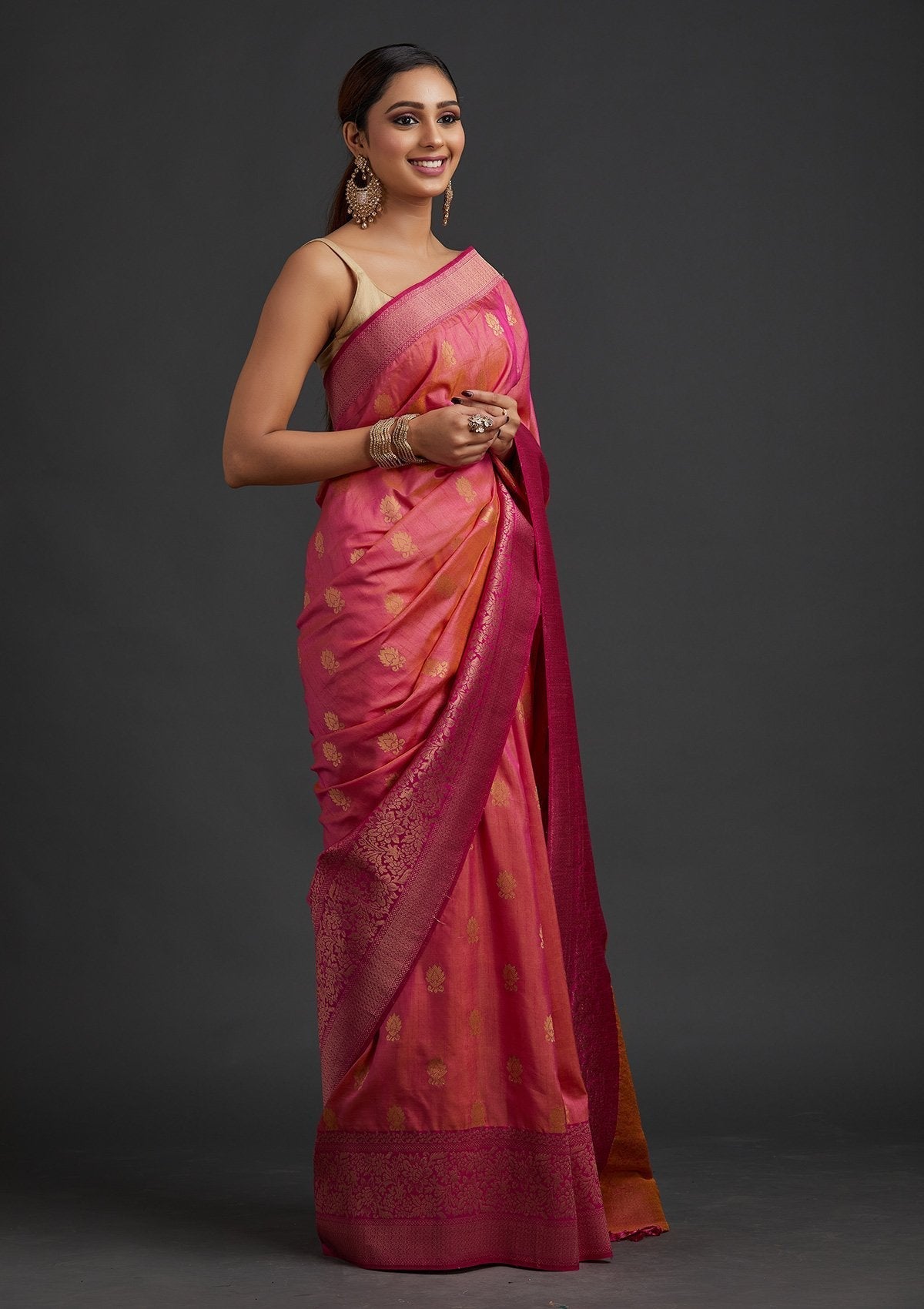 Pink Zariwork Raw Silk Designer Saree - koskii