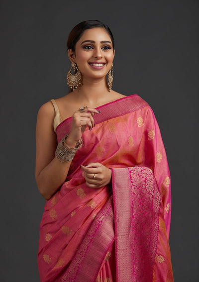 Pink Zariwork Raw Silk Designer Saree - koskii