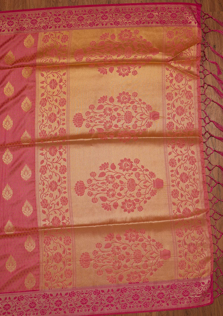 Pink Zariwork Raw Silk Designer Saree - koskii