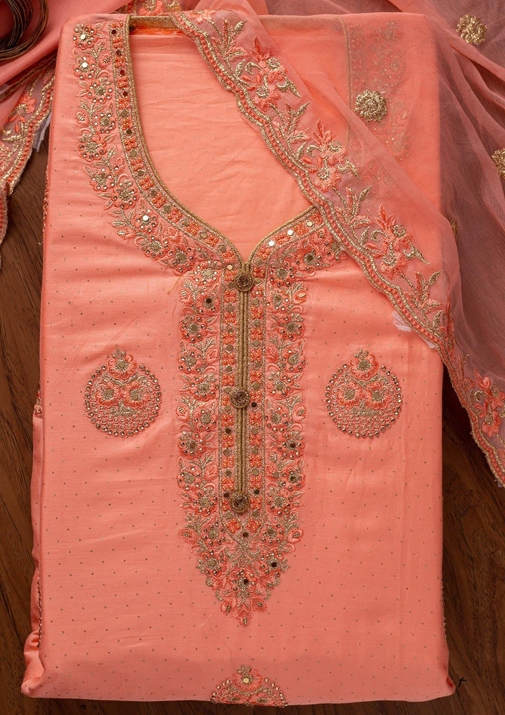 Pink Zariwork Semi Crepe Designer Unstitched Salwar Suit - koskii