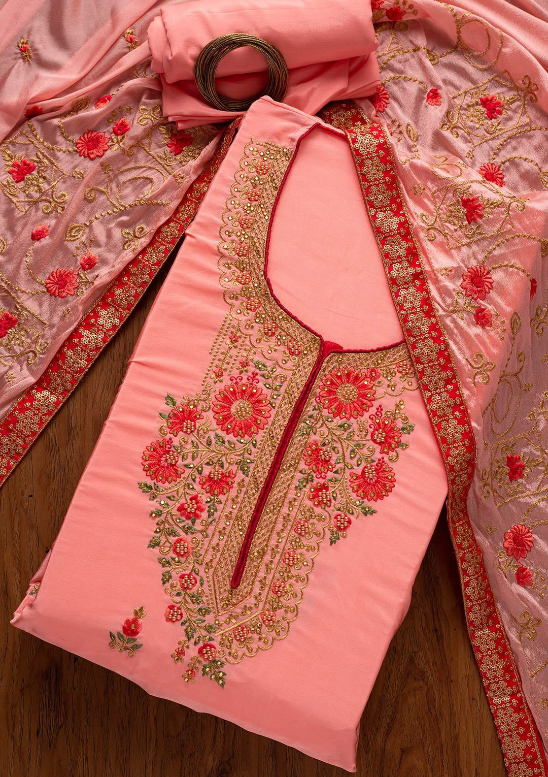 Pink Zariwork Semi Crepe Designer Unstitched Salwar Suit - koskii