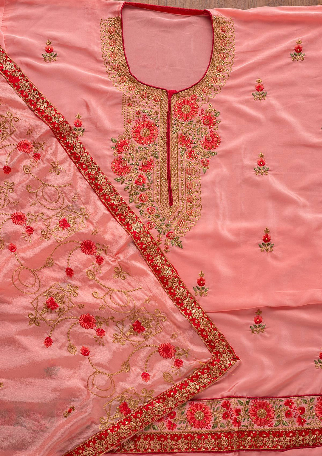 Pink Zariwork Semi Crepe Designer Unstitched Salwar Suit - koskii